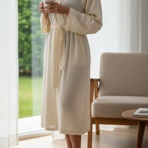 Maren Muslin Bathrobe with Hair Towel Set 100% Turkish Cotton - Ecru